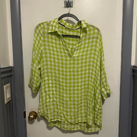 Soft Surroundings Green and White Blouse with Notched Collar and 3/4 Sleeves - Picture 1 of 5